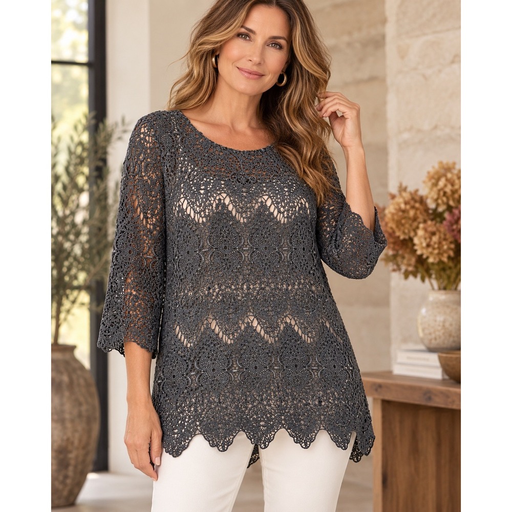 Soft Surroundings XL Sheer Crochet Lace Blouse Gray Romantic Boho Top